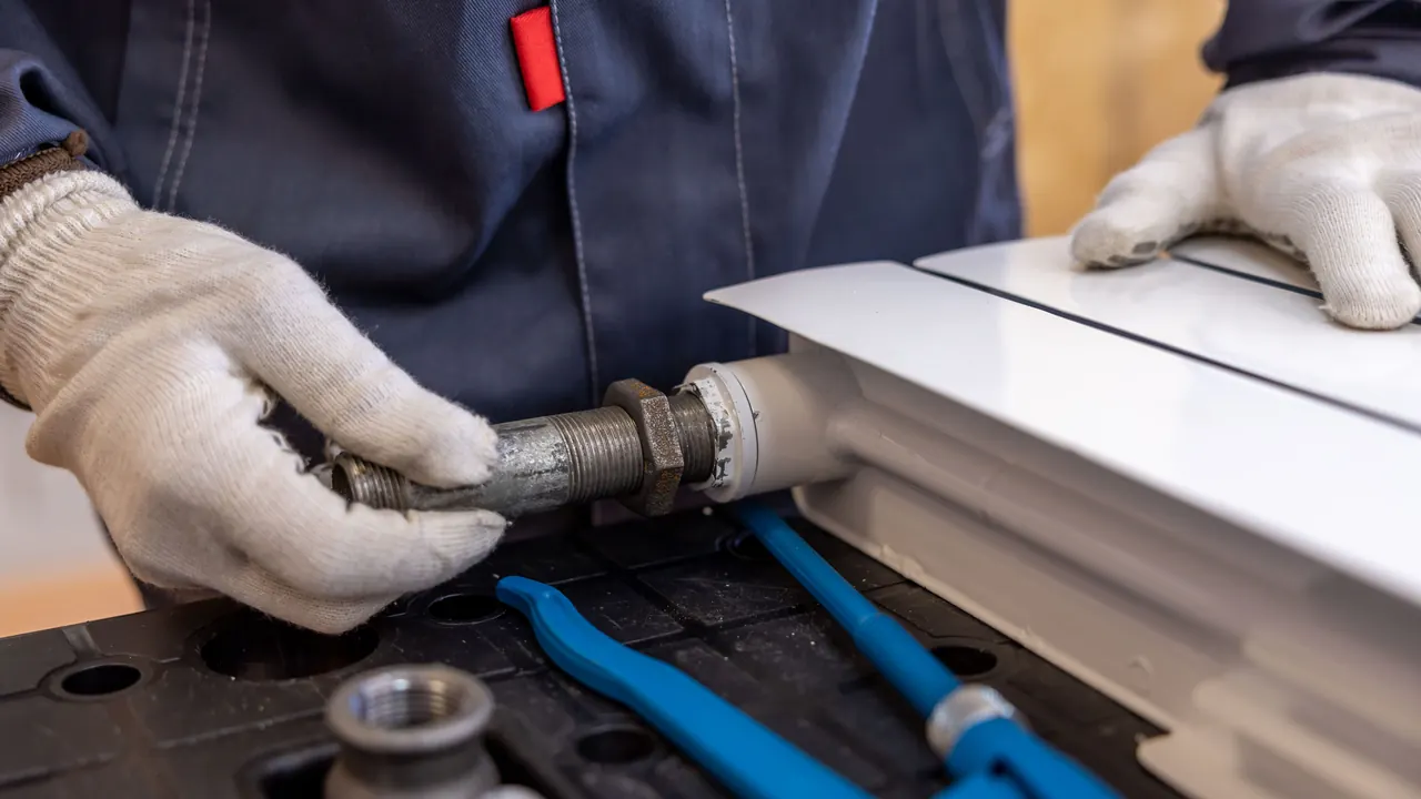 Plombier en gants qui raccorde un tube sur un radiateur, outils à portée de main.