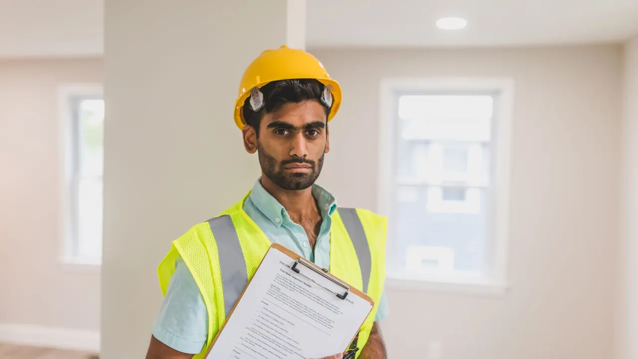 Professionnel du bâtiment casqué, dans une pièce vide, un dossier d’intervention à la main.