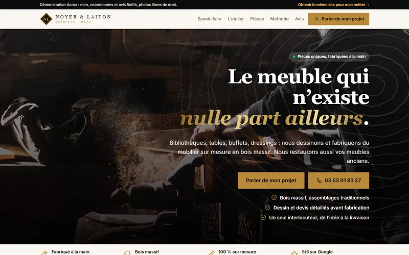 Aperçu du site de démonstration Atelier Noyer & Laiton, ébéniste à Metz