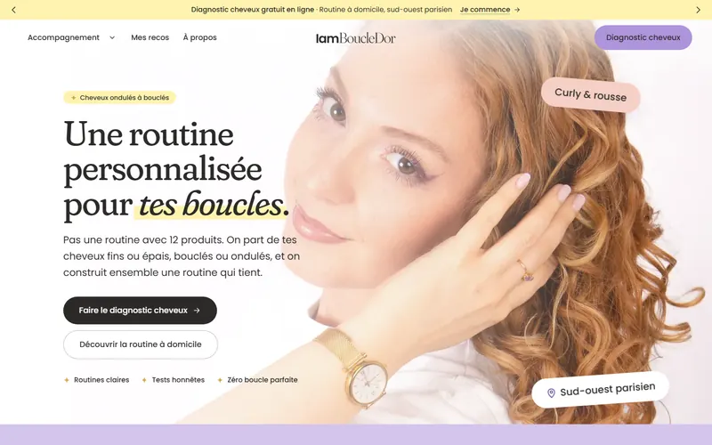 Aperçu du site client IamBoucleDor, coach cheveux bouclés à Sud-ouest parisien