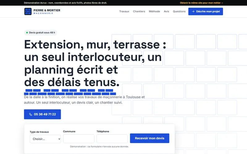 Aperçu du site de démonstration Pierre & Mortier, maçon à Toulouse