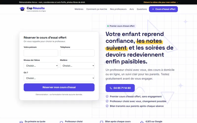 Aperçu du site de démonstration Cap Réussite, soutien scolaire à Montpellier