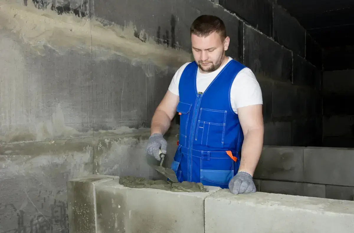 Maçon qui monte un mur en blocs