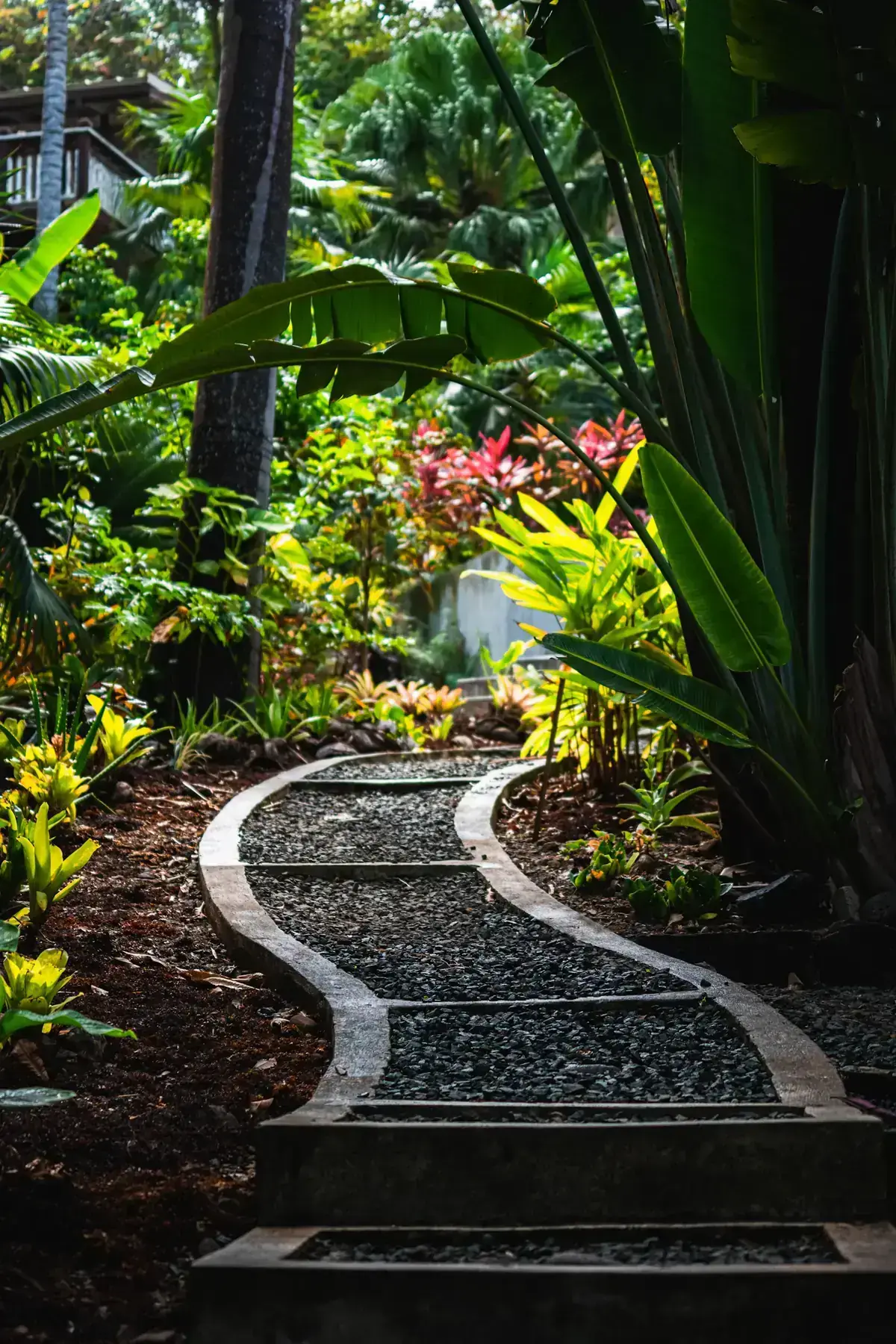 Allée de gravier sinueuse dans un jardin planté