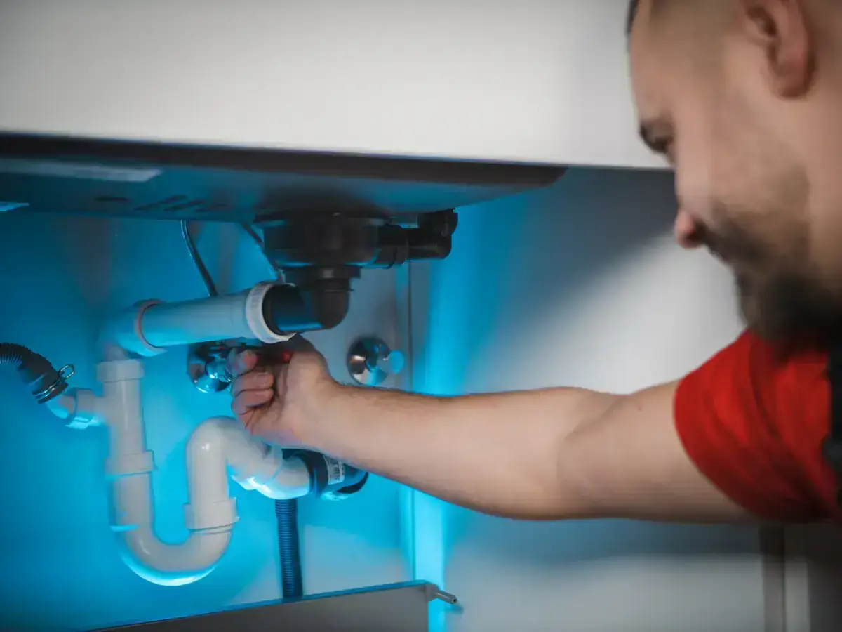 Plombier qui répare le siphon sous un évier