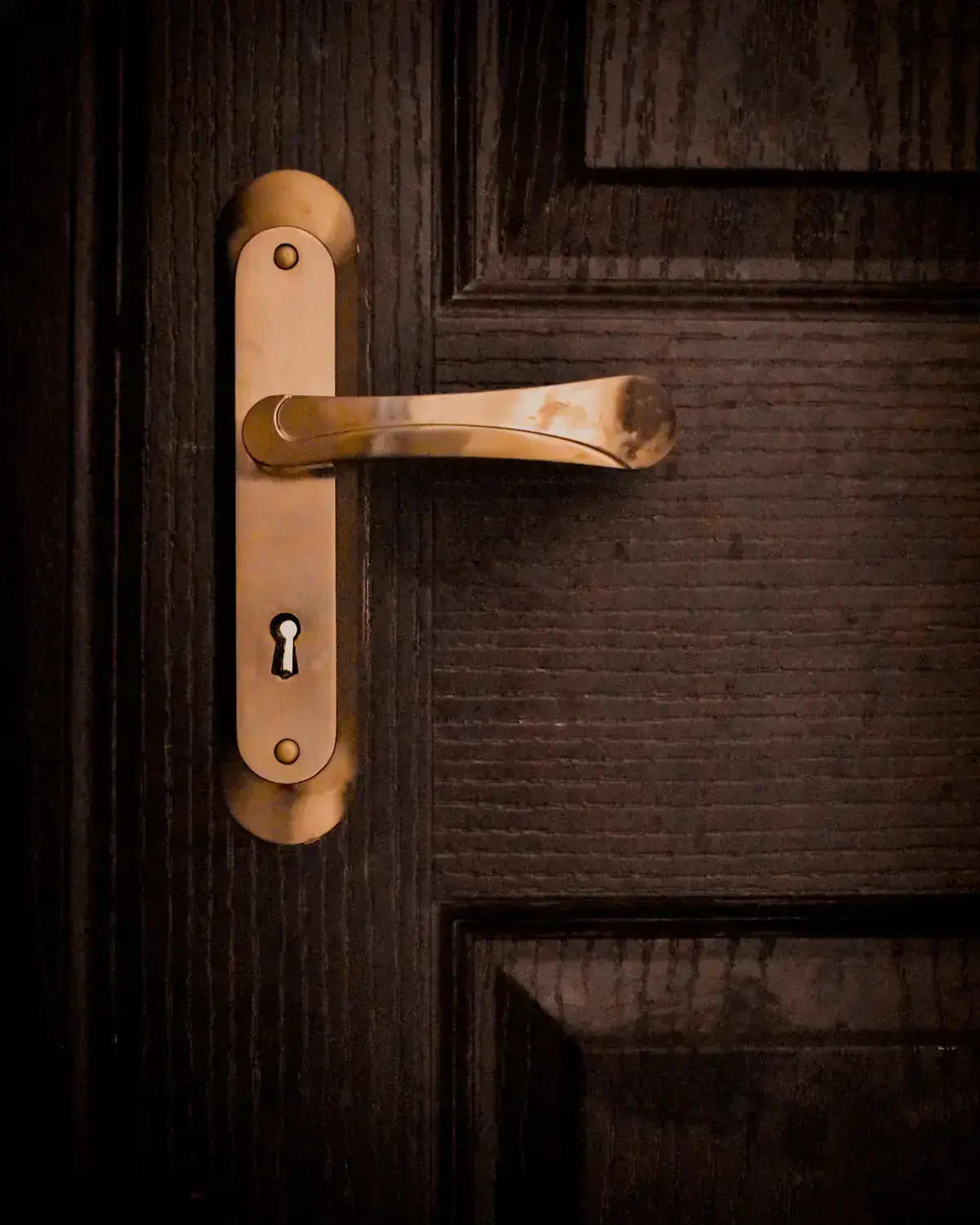 Poignée de porte en laiton avec serrure sur une porte en bois sombre
